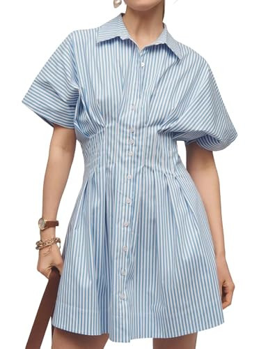synound Women’s Button Front Down Pleated Shirt Dress Summer Casual Striped Short Sleeve Blouse Mini Dresses | Amazon (US)