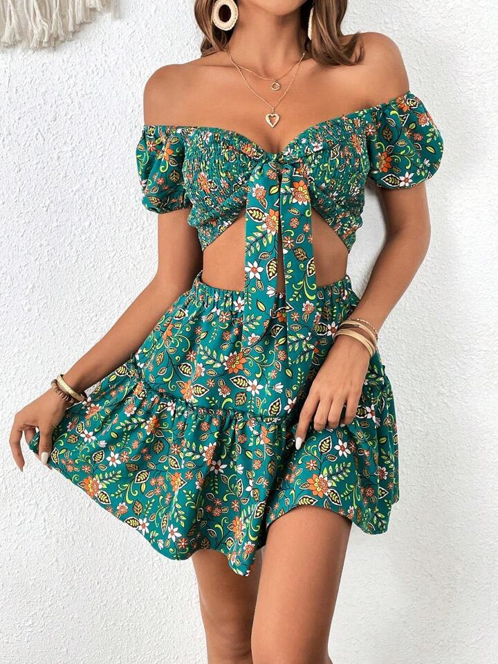 SHEIN VCAY con stampa floreale con spalle scoperte con nodo frontale Top corto & con volant Gonne | SHEIN
