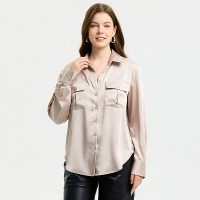 Women's Long Sleeve Button-Down Collar Classic Satin Shirt - A New Day™ Light Beige S | Target