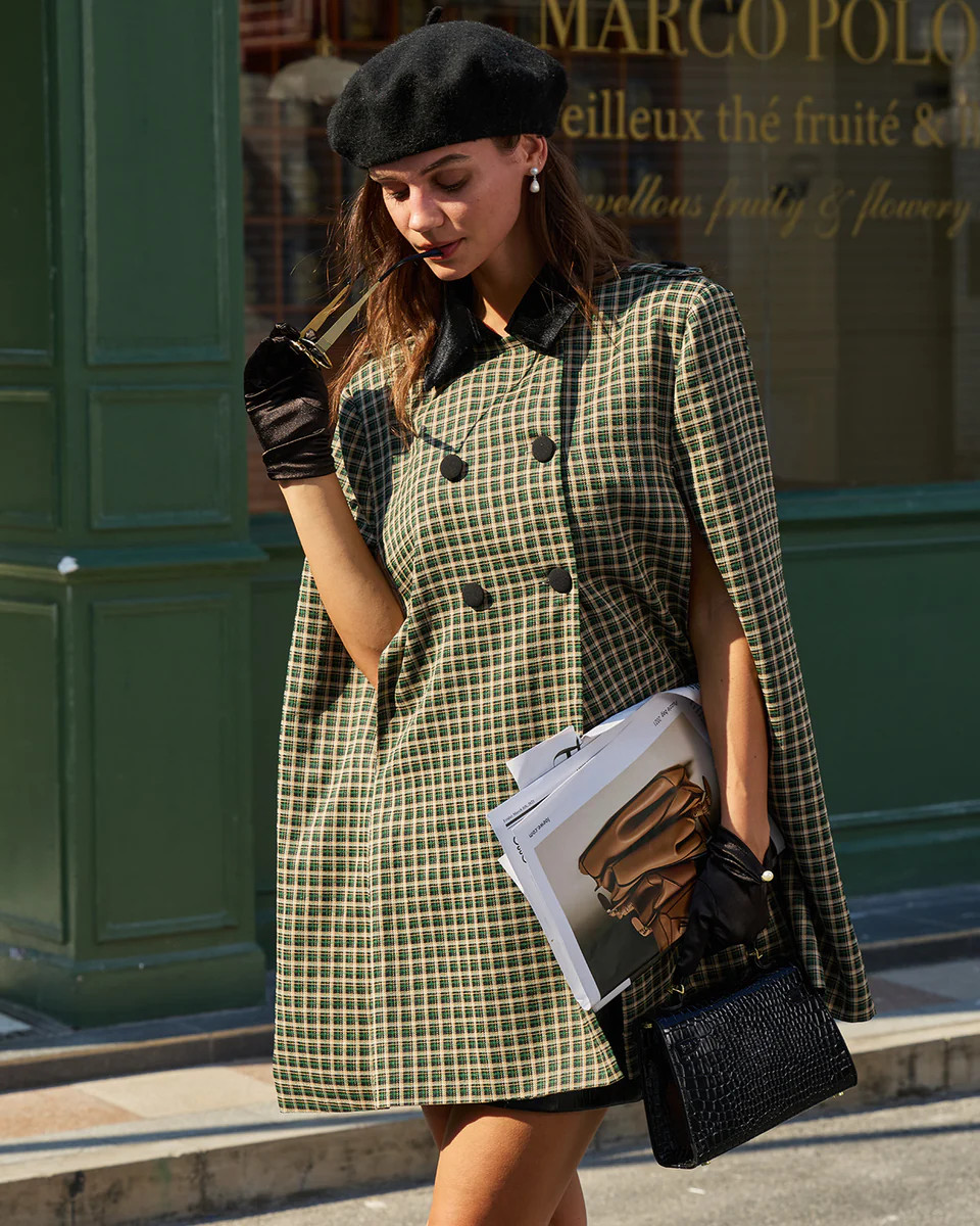 Green Plaid Cape Sleeve Coat | rihoas.com