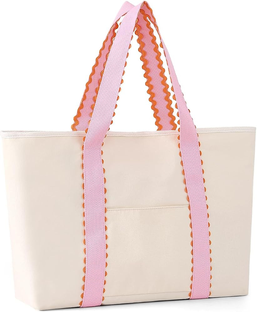 Canvas Tote Bag for Women, Rainbow Rick Rack Trim Handbag, Large Shoulder Tote with Pocket, Perfe... | Amazon (US)