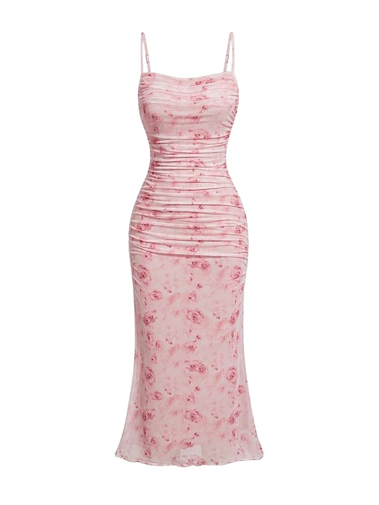 GORGLITTER Women's Floral Ruched Bodycon Midi Dress Mesh Sleeveless Fishtail Cami Dresses | Amazon (US)