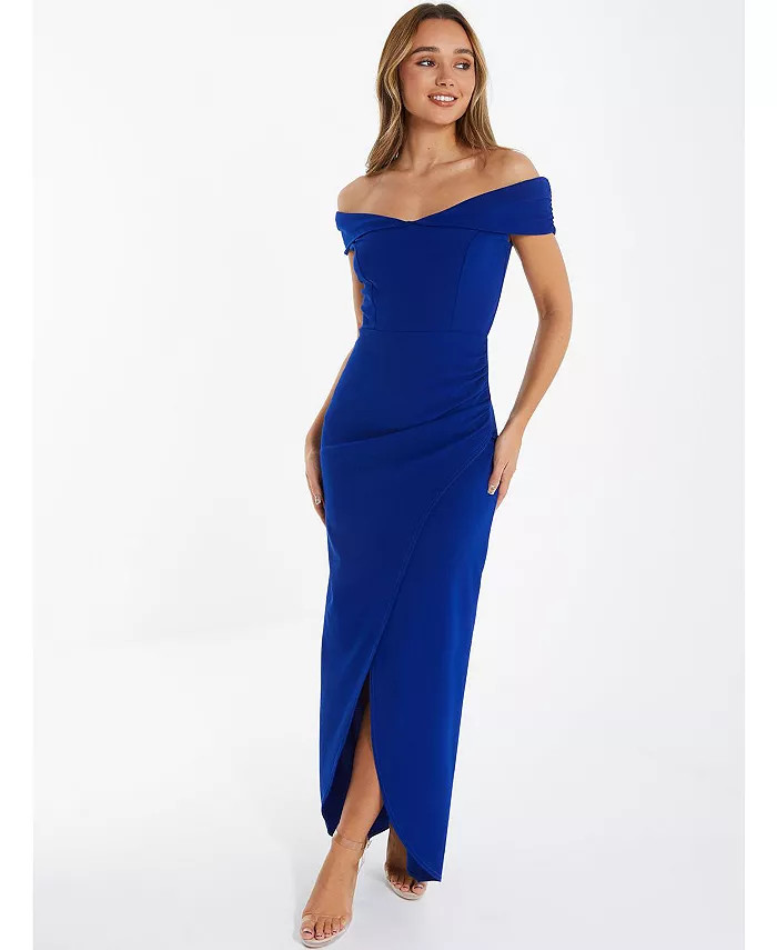 QUIZ Women's Scuba Crepe Ruched Bardot Maxi Dress - Macy's | Macy's