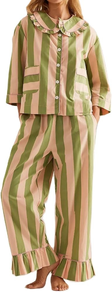 XBTCLXEBCO Womens Striped 2 Piece Pajamas Sets Long Sleeve Button Babydoll Shirt Tie Up Ruffle Pa... | Amazon (US)