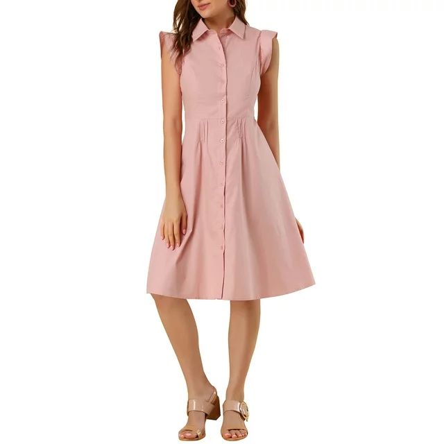 Allegra K Women's Work Ruffled Sleeve Button Down Belted Knee Length Shirt Dress | Walmart (US)