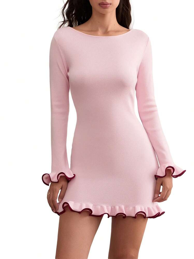 Women's Long Sleeve Knit Mini Dress Y2k Ruffle Hem Slim Fit Bodycon Short Dresses Party Night Out... | SHEIN