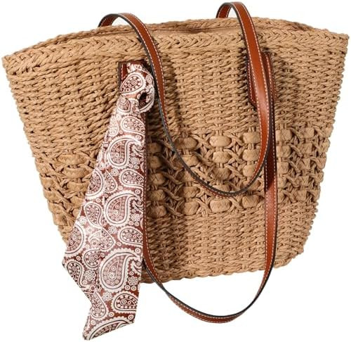 Beach Bags for Women, Summer Straw Bag, Woven Straw Beach Tote Bag Shoulder Handbags | Amazon (US)