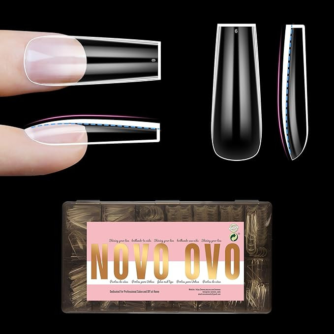 NOVO OVO Long Square Nail Tips NATURAL (Not SCULPTED) for Flat Nail Beds, Extra Thick L Length Fa... | Amazon (US)