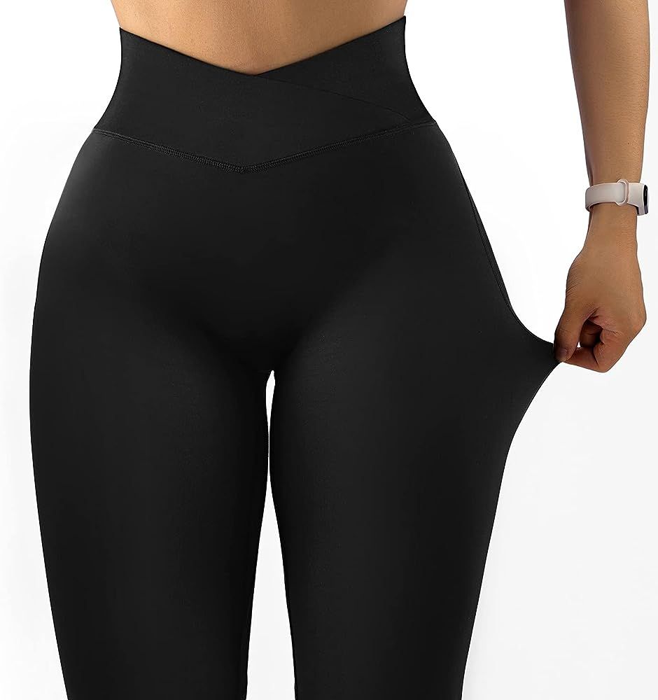 MOOSLOVER Women V Cross Waist Butt Lifting Leggings with Pockets High Waisted Yoga Pants | Amazon (US)