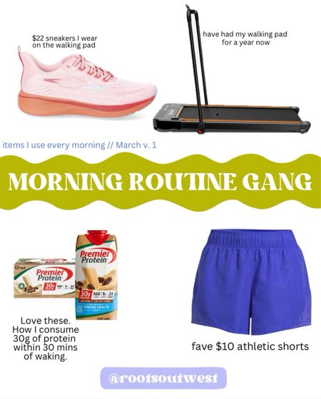 My morning routine essentials. I’ve had my Amazon walking pad for 1.5 years, I love these $10 shorts & buy a few pairs each year, fave protein drink + I grabbed this inexpensive pair of tennies to wear on my walking pad, so comfy! 

#LTKShoeCrush #LTKFitness #LTKHome