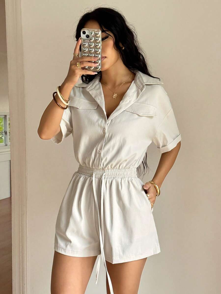 SHEIN Unity Women's Apricot Cinched Waist Faux Pocket Short Sleeve Jumpsuit, Spring/Summer | SHEIN