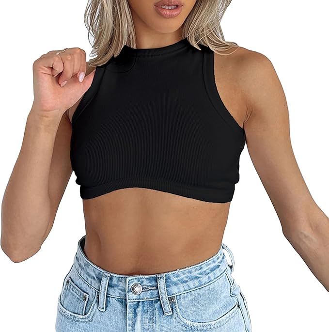 Dwnval Sexy Sleeveless Crewneck Ribbed Knitted Tank Crop Tops for Women | Amazon (US)