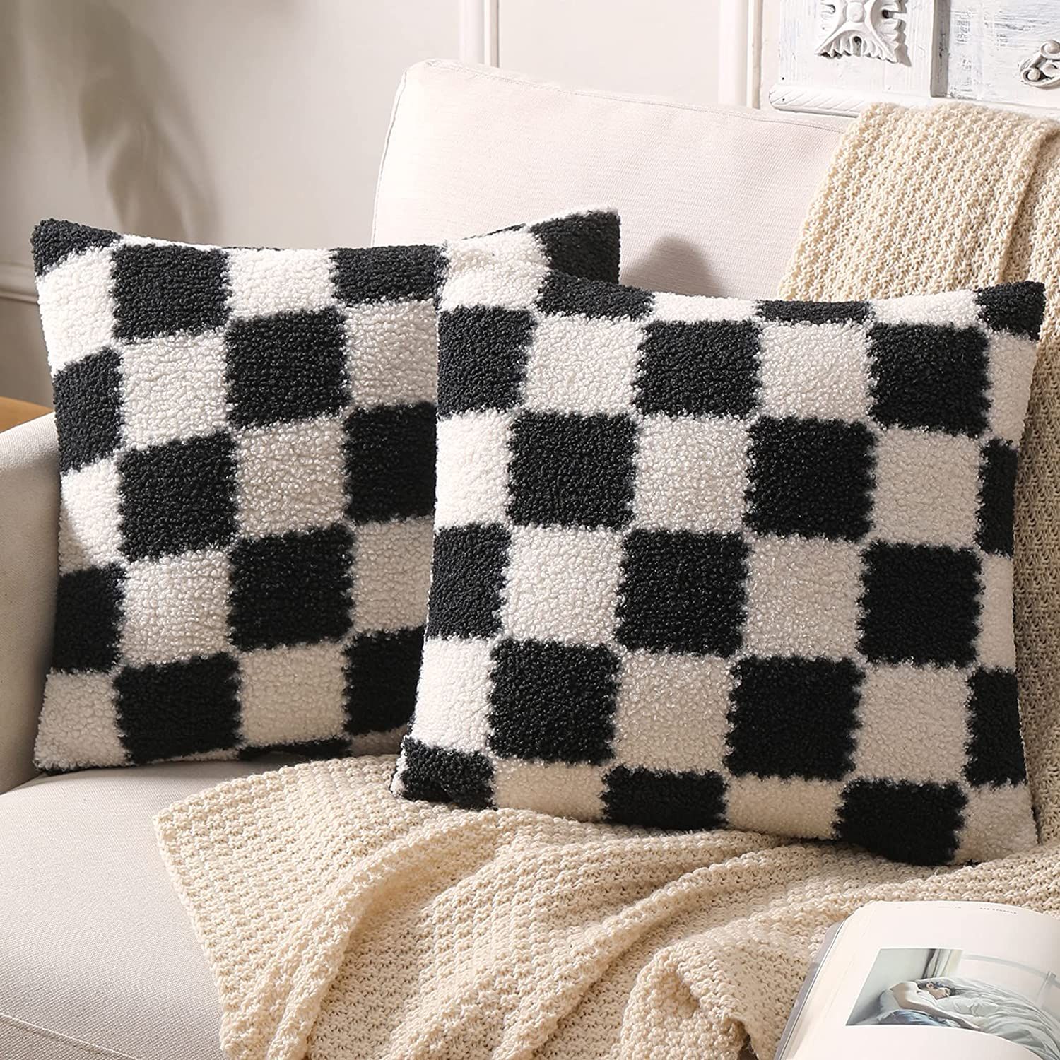 Fluffy Cesthetic Throw Pillow Covers Pack of 2 Cute Decorative Pillows Checkerboard Pattern Cushi... | Amazon (US)