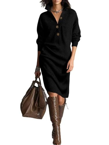 chouyatou Women's Fall Ribbed Knit Sweater Dresses Button Up Polo Collar Long Sleeve Knitted Midi Long Dress (XX-Large, Black) | Amazon (US)