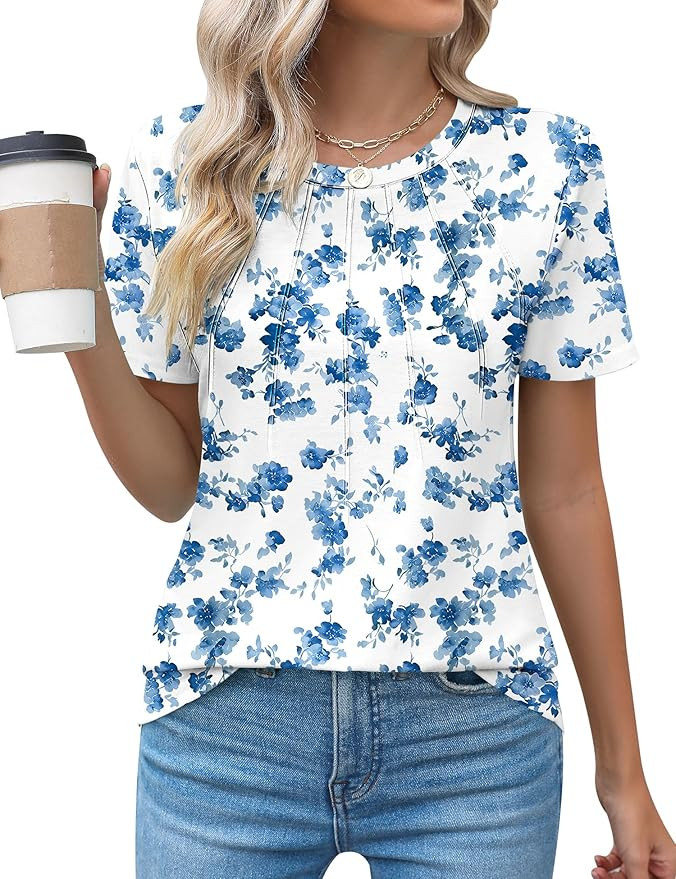 Kistore Womens Casual Crew Neck Short Sleeve Pleated Tops Blouses Fashion Clothes 2026 | Amazon (US)