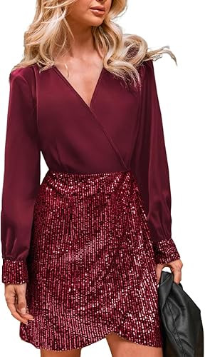 CUPSHE Women's Sequin Cocktail Dress Sparkly Winter Holiday Party Long Sleeve V Neck Bodycon Mini... | Amazon (US)