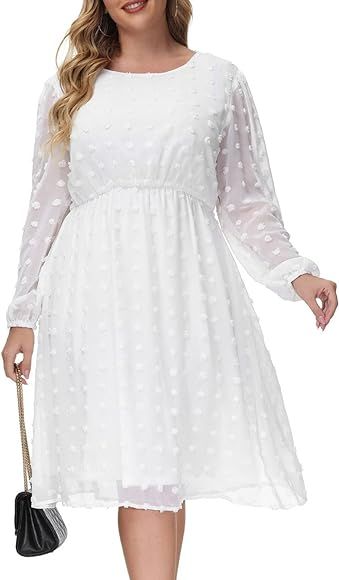Hanna Nikole Women Chiffon Swiss Dot Dress Plus Size Elegant Midi Party Long Lantern Sleeve Dress | Amazon (CA)