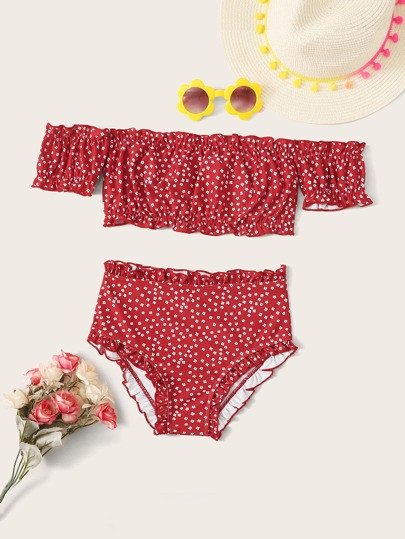 Girls Ditsy Floral Bardot Top With High Waisted Bikini | SHEIN