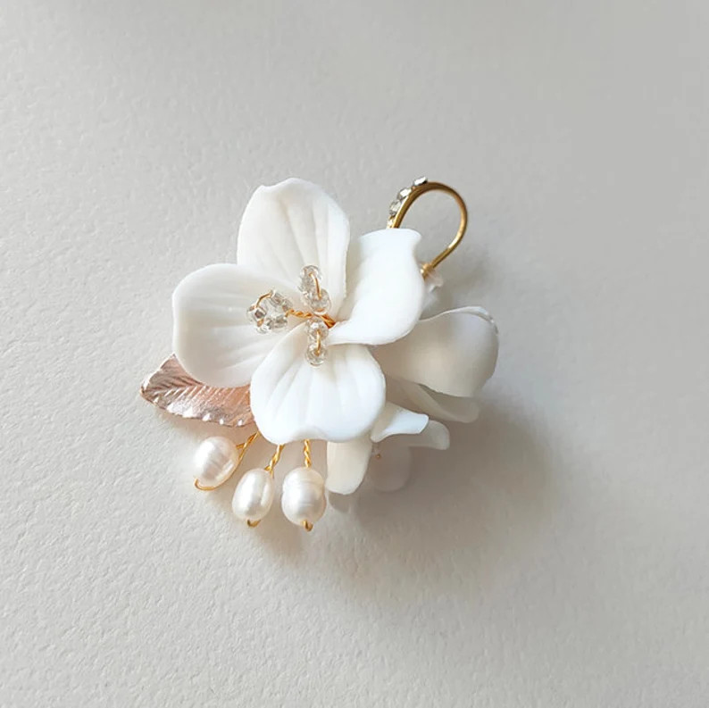 SOFINA // White Pearl Flower Wedding Earrings, Floral Bride Earrings, Spring Bride Earrings, Wedd... | Etsy (US)