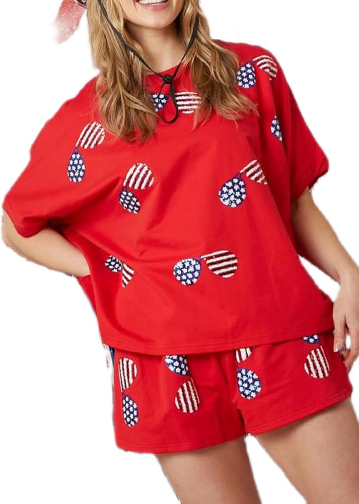 Argeousgor Women 4th of July Outfit Sequin American Flag T-Shirt Oversized Side Split Top Shorts ... | Amazon (US)