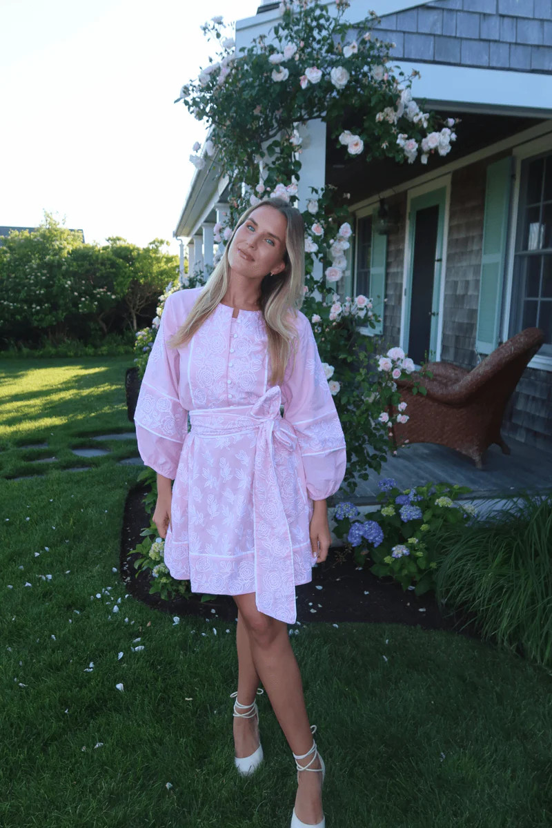 FINAL SALE Jewel Neck SUE SARTOR Flounce™ Mini | Peony Pink Embroidere | SUE SARTOR