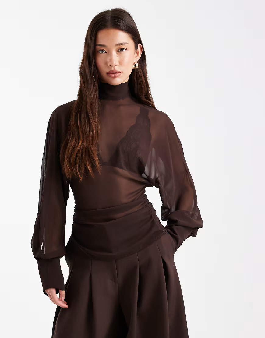 ASOS DESIGN batwing high neck blouse in chocolate-Brown | ASOS (Global)