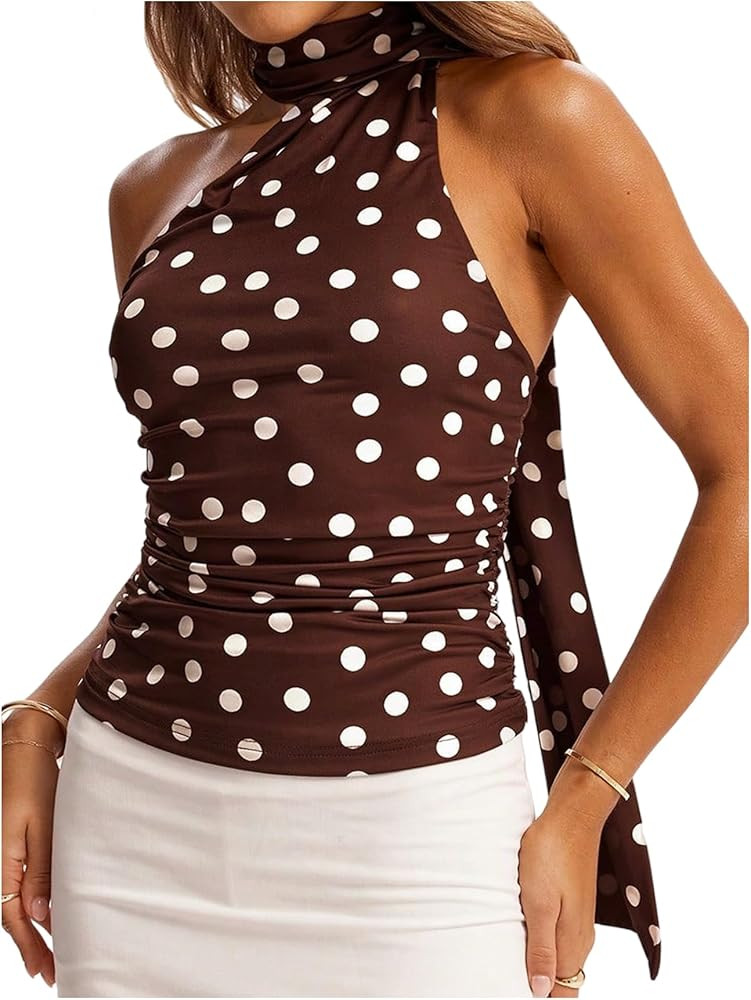 Milumia Women's Y2k Polka Dots Ruched Halter Top Sleeveless Fitted Going Out Tops with Scarf | Amazon (US)