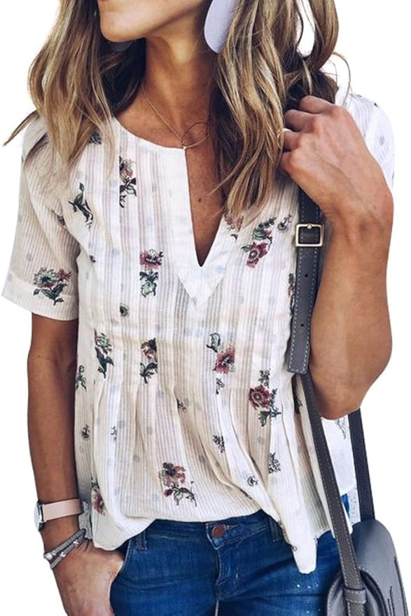 WLLW Women Bohemian Short Sleeve V Neck Floral Print T Shirt Babydoll Shirt Blouse Tunic Top | Amazon (US)