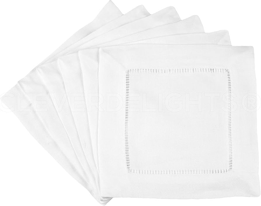 CleverDelights 6" White Cotton Hemstitch Cocktail Napkins - 12 Pack - 100% Cotton | Amazon (US)