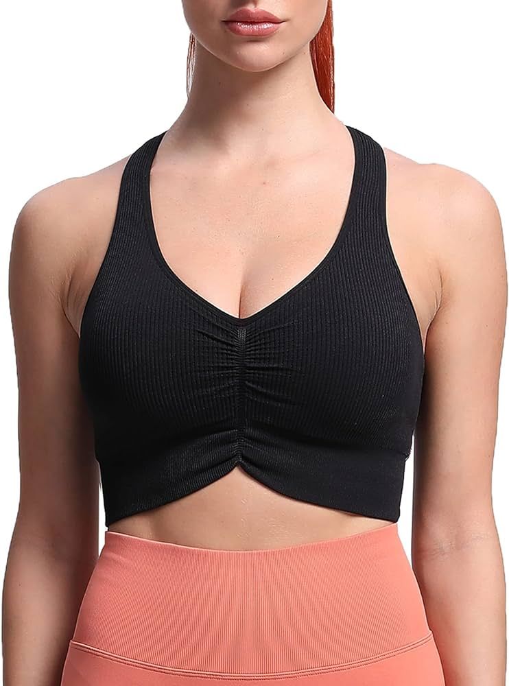 Aoxjox Women's Workout Ribbed Seamless Sports Bras Fitness Running Yoga Crop Tank Top | Amazon (US)