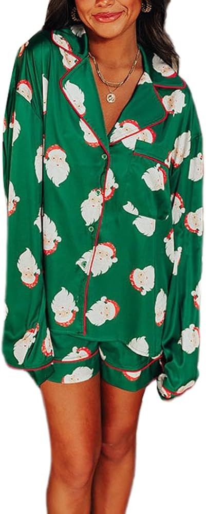 Women Christmas Pajamas Shorts Set Santa Claus Pjs Long Sleeve Button Down Shirt+Pants 2 Piece Xm... | Amazon (US)
