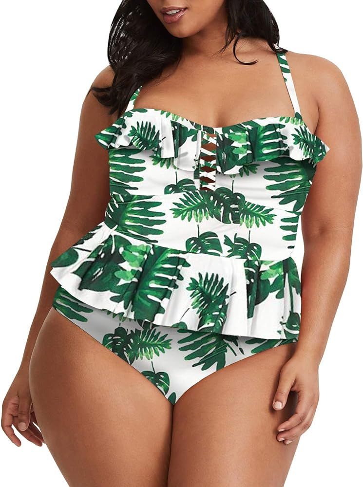 Tutorutor Womens High Waisted Plus Size Swimsuits Bikini Floral Peplum Tankini Tops Tummy Control... | Amazon (US)