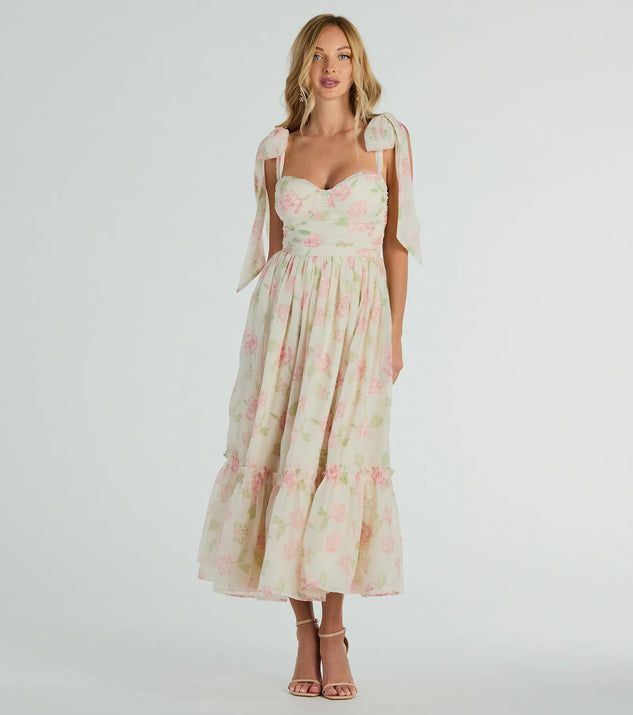 Gretchen Sweetheart Tie Floral Chiffon Midi Dress | Windsor Stores