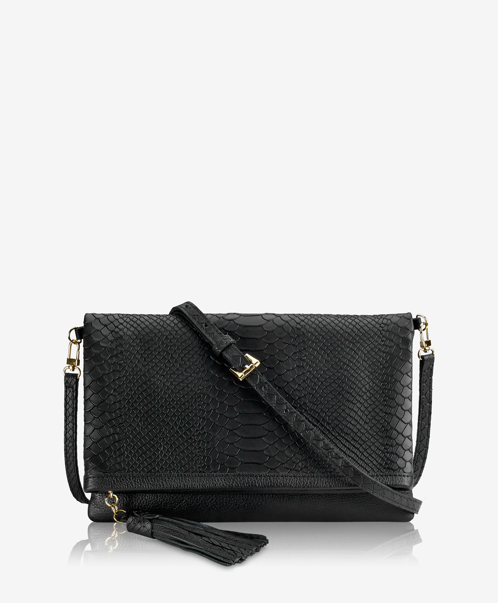 Rachel Fold-Over Clutch Black Embossed Python Leather | GiGi New York / Graphic Image