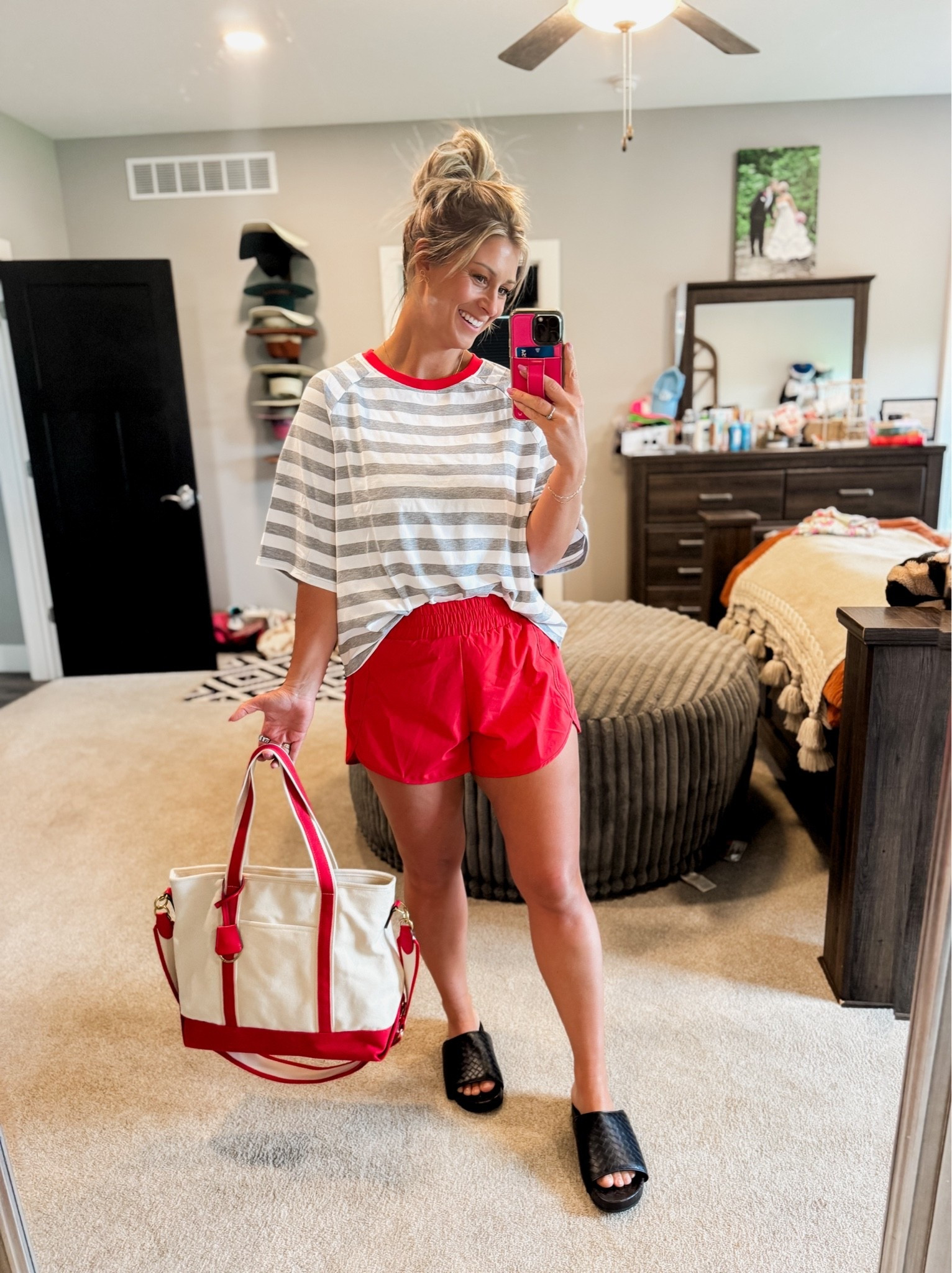 On the go spring Mom look, I am loving this pop of color and it matches the bag perfectly! I am wearing a size large in the top and shorts! ￼

#LTKgrwm #LTKootd #LTKMidsize
