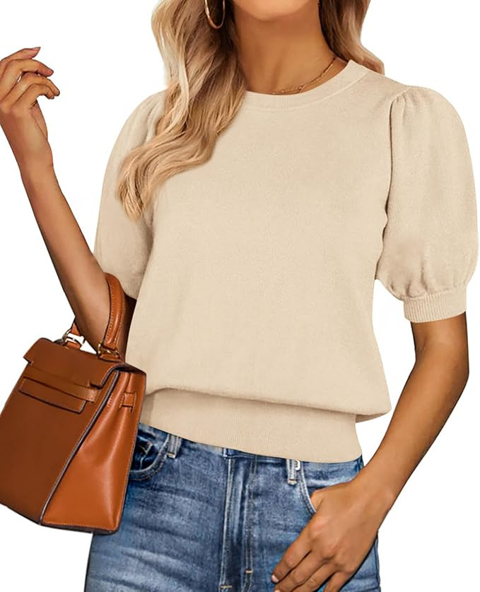 PRETTYGARDEN Womens Tops Spring 2025 Summer Puff Short Sleeve Sweater Crewneck Knit Work Blouses ... | Amazon (US)