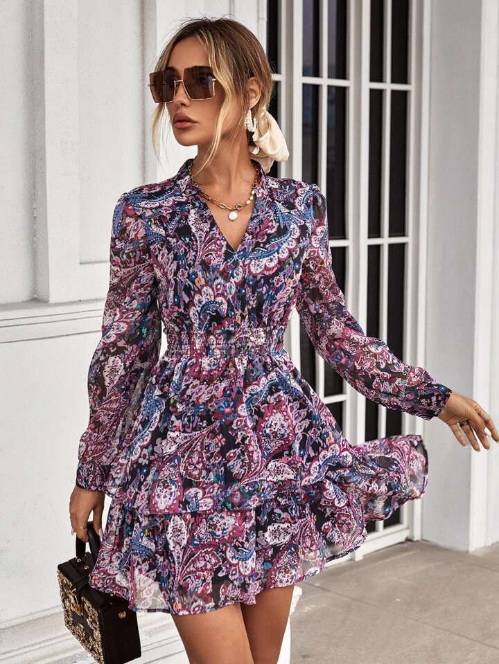 All Over Print Notched Neck Ruffle Hem Dress | SHEIN