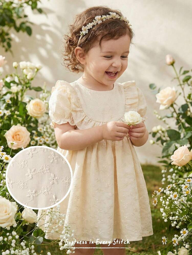 Cozy Pixies Baby Girl White Floral Summer Casual Party Midi Dress,3D Embroidered Puff Sleeve Roun... | SHEIN