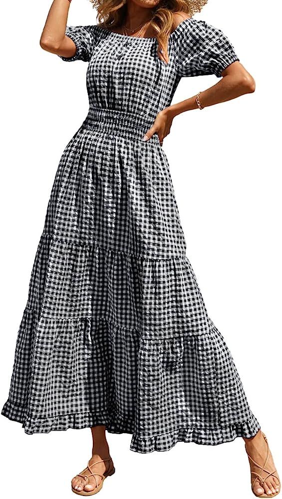 BTFBM Women Casual Short Sleeve Plaid Maxi Dresses Off Shoulder Vintage Dress Square Neck Gingham... | Amazon (US)