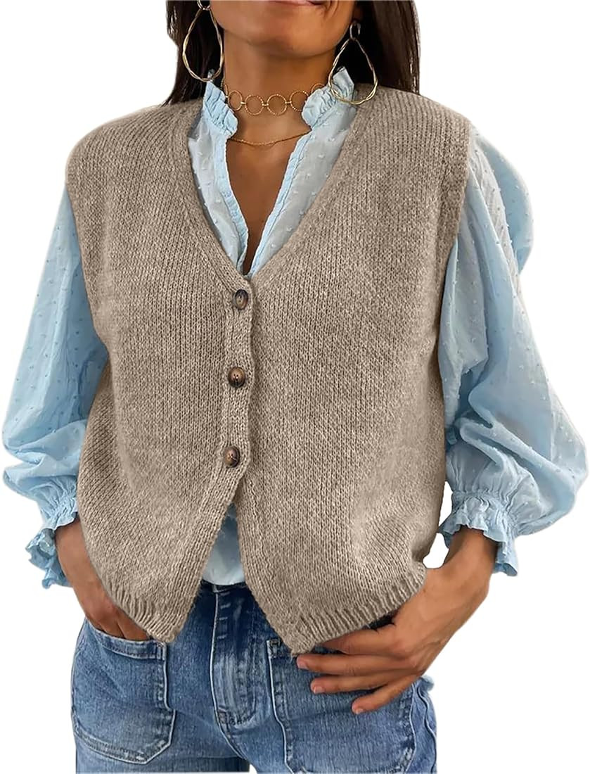 Cioatin Women Y2K Button Up V Neck Knit Crop Sweater Vest Sleeveless Waistcoat Tank Tops Pullover... | Amazon (US)