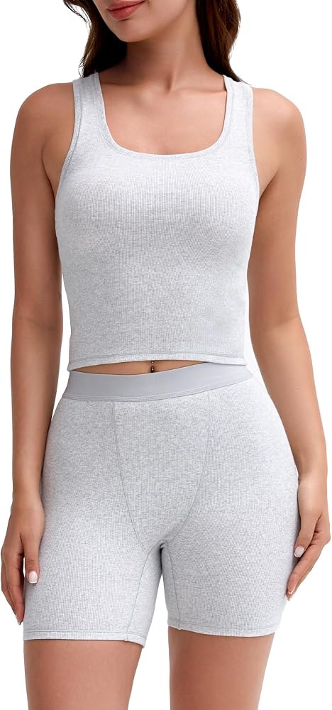 Two Piece Workout Lounge Tank Cotton Rib Sets For Women, Matching Going Out Outfits Athleisure Sh... | Amazon (US)