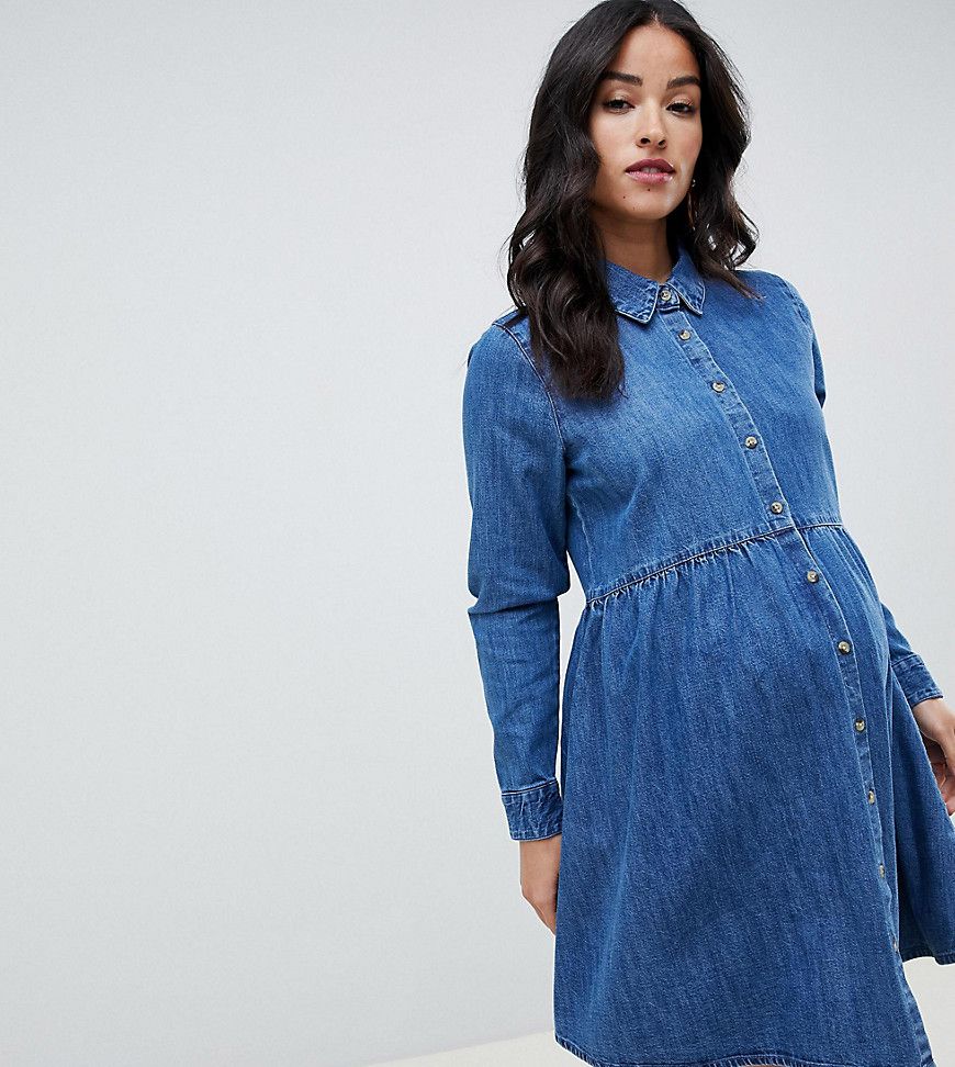 ASOS DESIGN Maternity denim smock shirt dress in midwash blue - Blue | ASOS US