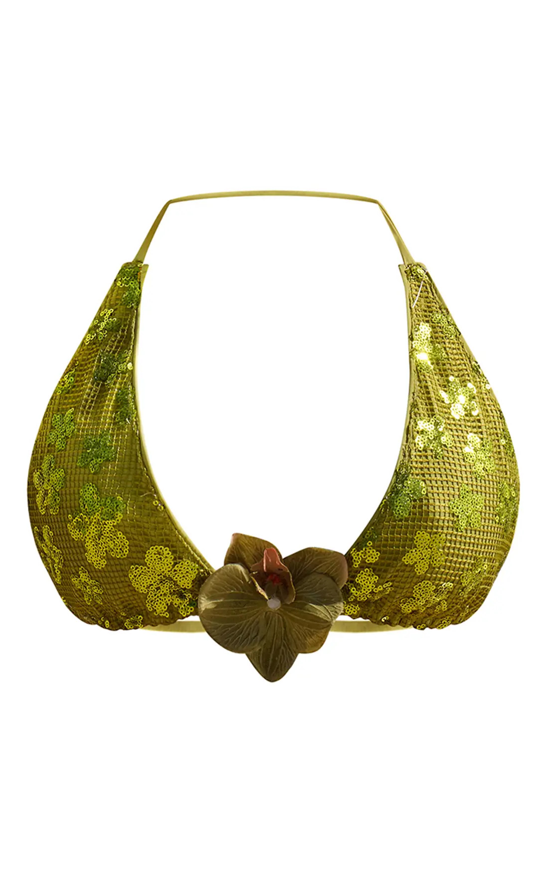 Olive Sequin Orchid Trim Plunge Bikini Top | PrettyLittleThing US