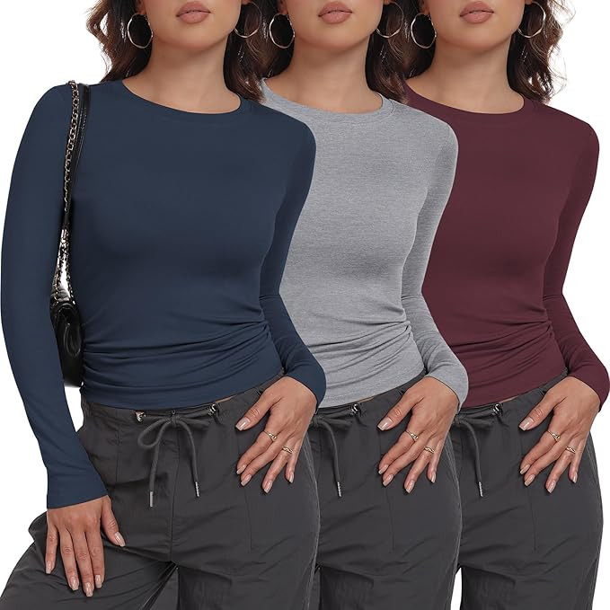 MLYENX 3 Pack Womens Long Sleeve Shirts Crew Neck Basic Stretchy Fitted Y2K Tops Going Out Fashio... | Amazon (US)