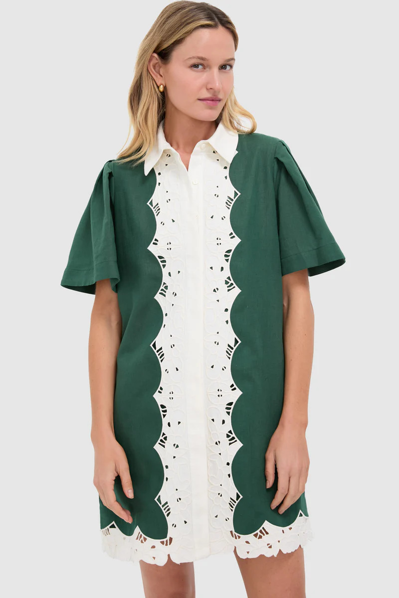 Dark Green Eyelet Trim Cotton Linen Delilah Dress | Tuckernuck (US)