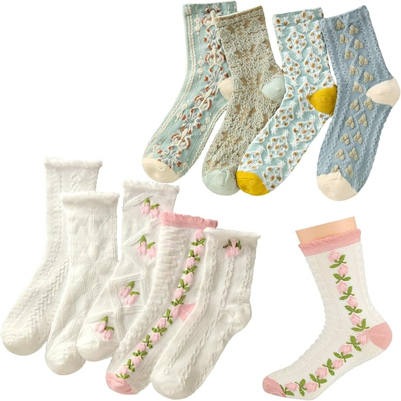 Coume 9 Pairs Cute Floral Socks Coquette Flower Socks Cottagecore Frilly Fancy Cotton Socks Casua... | Amazon (US)