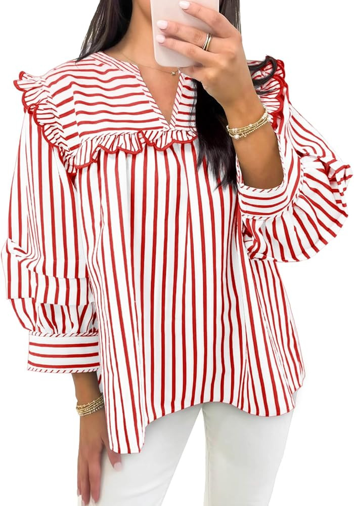 Cicy Bell Womens Striped Babydoll Tops Ruffle V Neck Puff Sleeve Blouses Loose Fit Cute Flowy Shi... | Amazon (US)