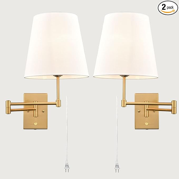 HYDELITE Gold Swing Arm Wall Lamp Brass Wall Sconces with Linen Shade | Plug-in or Hardwired Wall... | Amazon (US)