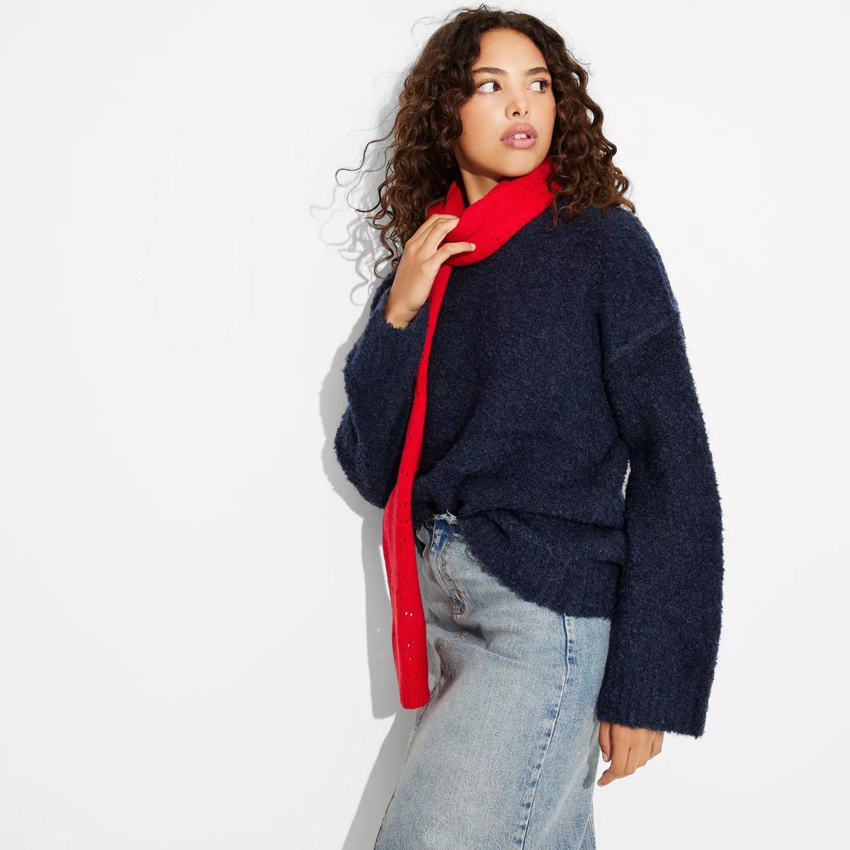 Women's Crewneck Oversized Boucle Pullover Holiday Sweater - Wild Fable™ Navy Blue XXL | Target