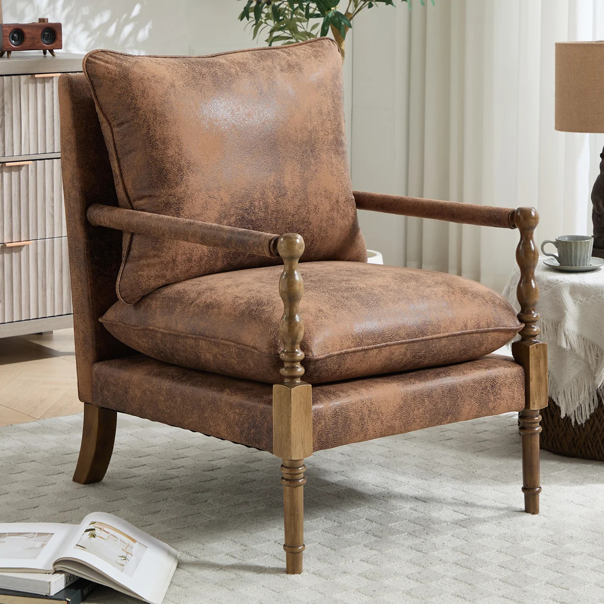 Accent Chair, Spindle Accent Chair with Upholstered Armrests, Farmhouse Accent Chair with Turned ... | Wayfair North America